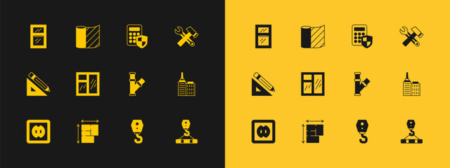 Set Hammer and wrench spanner, House plan, Industry metallic pipe, Crane hook, Window in room, Security keypad access panel, and Wallpaper icon. Vector