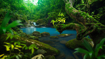 Wall Mural - Blue river tropical rainforest in Central America