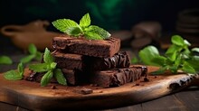 A Stack Of Chocolate Brownies On Wooden Foundation With Mint Leaf On Beat Custom Made Pastry Kitchen And Dessert