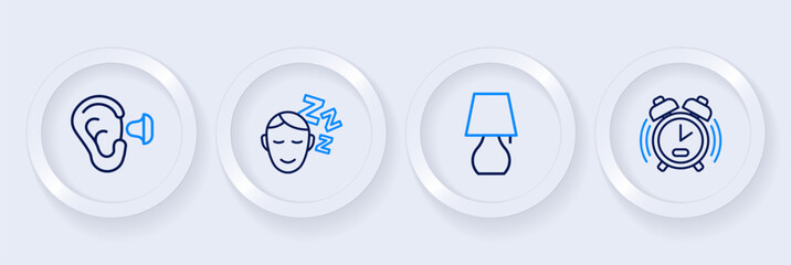 Sticker - Set line Alarm clock, Table lamp, Dreams and Earplugs and ear icon. Vector