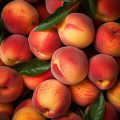 Wall Mural - Ripe juicy peaches close-up with green leaves. Background of peaches. Peach harvest. AI generative
