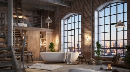 Loft interior design of bathroom, generative ai