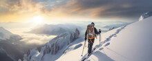 Mountaineer Backcountry Ski Walking Ski Alpinist In The Mountains. Ski Touring In Alpine Landscape . Generative Ai