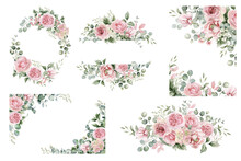 Watercolor Light Pink Flowers And Eucalyptus Greenery  PNG.  Wedding Clipart. Dusty Roses, Soft Blush Peony - Border, Wreath, Frame, Bouquet. Perfect For Stationary, Greeting Card, Fashion