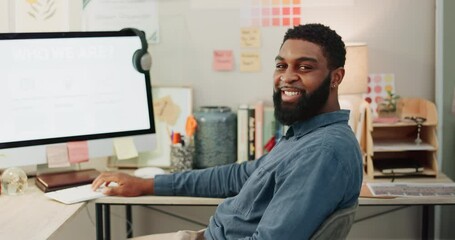 Office, green screen or happy web designer on computer to research software, website or digital transformation. Smile, face or black man at desk for copywriting branding, advertising or mockup space