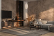 © leymandesign - Luxury living room in warm colors. Brown beige walls, light gray lounge furniture sofa, table. Empty background for art or picture. 3d Rendering