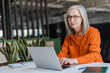 © Maria Vitkovska - Confident serious mature businesswoman wearing stylish eyeglasses, orange shirt using laptop working online in modern office. Manager planning project, typing on keyboard. Successful business, career