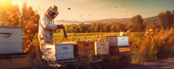 Beekeeper at the apiary  bees country. generative ai