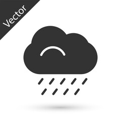 Sticker - Grey Cloud with rain icon isolated on white background. Rain cloud precipitation with rain drops. Vector Illustration