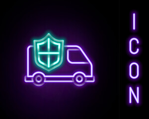 Poster - Glowing neon line Car with shield icon isolated on black background. Insurance concept. Security, safety, protection, protect concept. Colorful outline concept. Vector