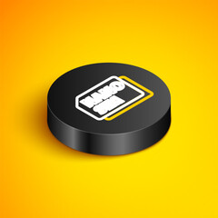 Sticker - Isometric line Nano Sim Card icon isolated on yellow background. Mobile and wireless communication technologies. Network chip electronic connection. Black circle button. Vector