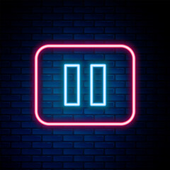 Poster - Glowing neon line Pause button icon isolated on brick wall background. Colorful outline concept. Vector