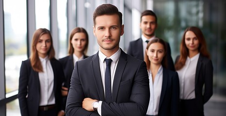 confident business team posing with it's leader at a corporate office.