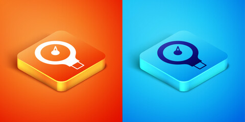 Sticker - Isometric Gauge scale icon isolated on orange and blue background. Satisfaction, temperature, manometer, risk, rating, performance, speed tachometer. Vector