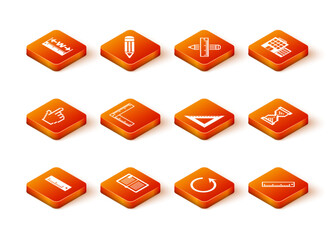 Sticker - Set Ruler, Open book, Pixel hand cursor, Folding ruler, Refresh, Triangular, and Hourglass pixel icon. Vector