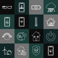 Poster - Set line Mobile with heart rate, Power button, Smart home, Battery, wi-fi wireless, Humidity for smart, glasses and icon. Vector