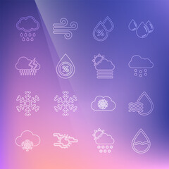 Wall Mural - Set line Water drop, percentage, Cloud with snow, rain and lightning, and Fog cloud sun icon. Vector