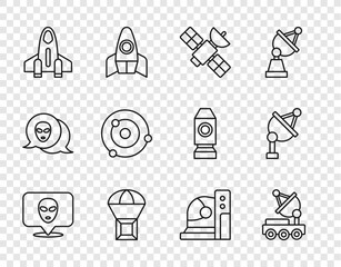 Poster - Set line Alien, Mars rover, Satellite, Box flying on parachute, Rocket ship, Solar system, Astronaut helmet and dish icon. Vector