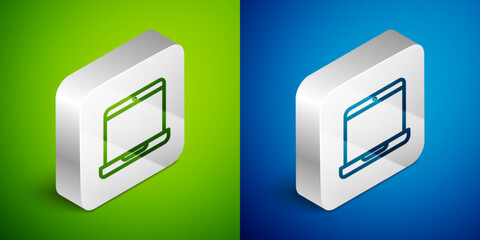 Poster - Isometric line Laptop icon isolated on green and blue background. Computer notebook with empty screen sign. Silver square button. Vector