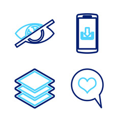 Sticker - Set line Heart in speech bubble, Layers, Smartphone with download and Invisible or hide icon. Vector