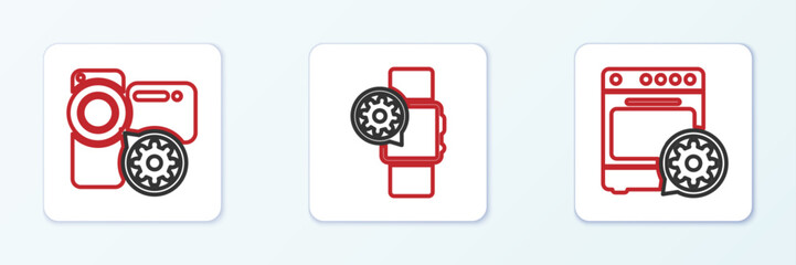 Sticker - Set line Oven setting, Video camera and Smartwatch icon. Vector