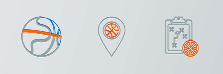 Sticker - Set line Sports winner podium, Stopwatch with basketball ball and Planning strategy concept icon. Vector