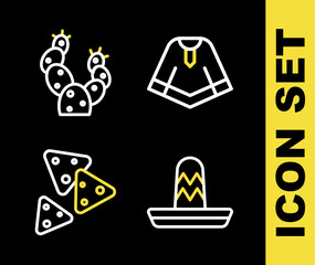 Poster - Set line Poncho, Mexican sombrero, Nachos and Cactus icon. Vector