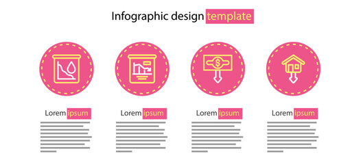 Poster - Set line Dollar rate decrease, Falling property prices, Pie chart infographic and Drop crude oil icon. Vector