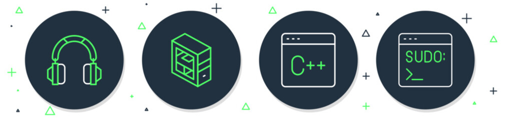 Sticker - Set line Computer, Software, Headphones and Code terminal icon. Vector