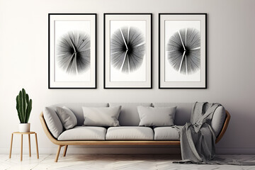 A set of three black and white contemporary wall art. Minimalistic wall decor in a room with a gray sofa. Abstract wall decorations, posters and wall prints. AI generated