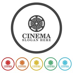 Poster - Cinema Logo Design Template. Set icons in color circle buttons