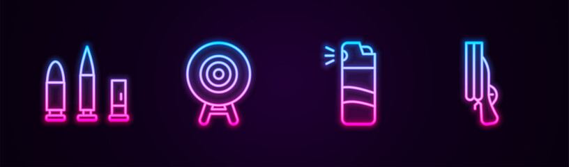 Wall Mural - Set line Bullet and cartridge, Target sport, Pepper spray and Shotgun. Glowing neon icon. Vector