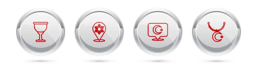 Sticker - Set line Holy grail or chalice, Star of David, and crescent and on chain. Silver circle button. Vector