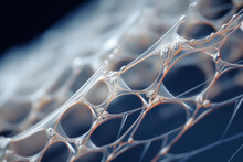 Detailed, Close - Up Image Of A Strand Of Bioengineered Spider Silk, Showcasing Its Unique Pattern, Suspended In A Lab Environment, Under Soft Light
