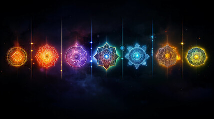 Wall Mural - Artistic rendering of seven chakras symbols, bright, vivid colors, illustrated style, floating against a cosmic backdrop, ethereal, celestial, vibrant, high - resolution, against a black background