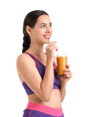 Poster - Sporty young woman with healthy smoothie on white background