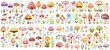 © QuietWord - watercolor mushroom flower and leaves fall season flora foliage set in cute cartoon style isolated on white background, children art style design, Generative Ai