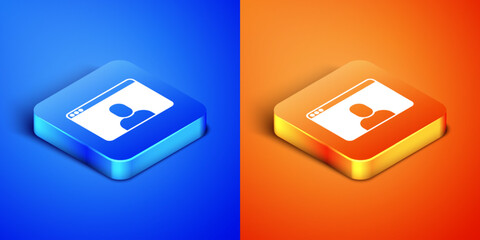 Sticker - Isometric Video chat conference icon isolated on blue and orange background. Online meeting work form home. Remote project management. Square button. Vector