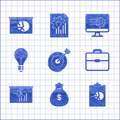 Canvas Print - Set Target, Money bag, Clipboard with graph chart, Briefcase, Board, Light bulb concept of idea, Computer monitor and icon. Vector