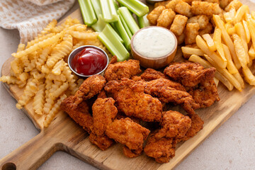 Wall Mural - Fried chicken strips and french fries board with sauces and celery