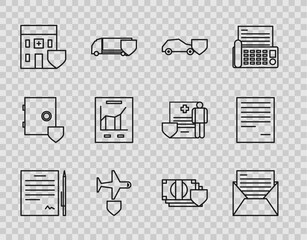 Sticker - Set line Contract with pen, Mail and e-mail, Car shield, Plane, Medical hospital building, Document graph chart, Money and icon. Vector