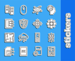 Sticker - Set line 3D printer, Processor, Virtual reality, Cyber security, Tablet, Gamepad and icon. Vector