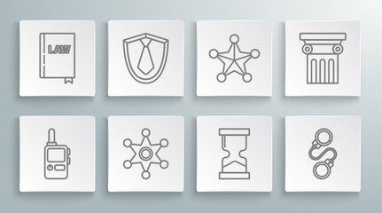 Sticker - Set line Walkie talkie, Tie, Hexagram sheriff, Old hourglass, Handcuffs, Law pillar and book icon. Vector