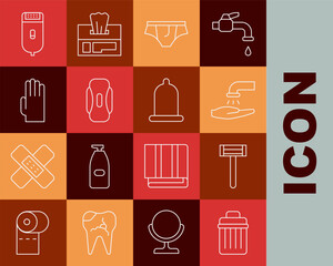 Canvas Print - Set line Trash can, Shaving razor, Washing hands with soap, Underwear, Sanitary napkin, Rubber gloves, Electrical hair clipper shaver and Condom icon. Vector