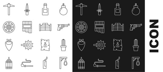 Sticker - Set line Gallows, Cactus peyote in pot, Revolver gun, Tequila bottle, Pan flute, Old wooden wheel, Pickaxe and Saloon door icon. Vector