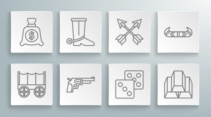 Sticker - Set line Wild west covered wagon, Cowboy boot, Revolver gun, Game dice, Gold bars, Crossed arrows, Kayak or canoe and paddle and Money bag icon. Vector