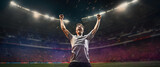 Fototapeta Sport -  soccer players cheering in a large stadium - big horizontal poster panorama concept