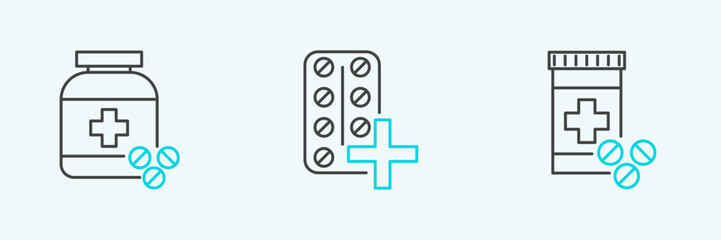 Sticker - Set line Medicine bottle and pills, and Pills blister pack icon. Vector