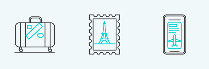 Poster - Set line Smartphone with electronic boarding pass airline ticket, Suitcase for travel and stickers and Postal stamp Eiffel tower icon. Vector