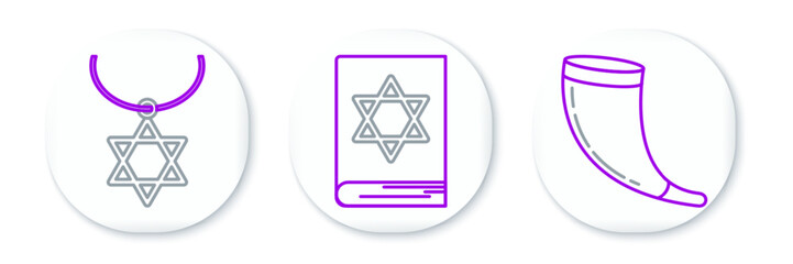 Poster - Set line Traditional ram horn, shofar, Star David necklace chain and Jewish torah book icon. Vector